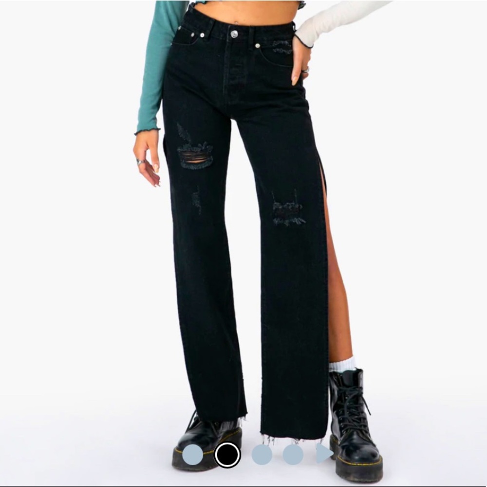 Adika Voodoo Side Slit Black Denim Jeans with Distressed Hem Size Medium